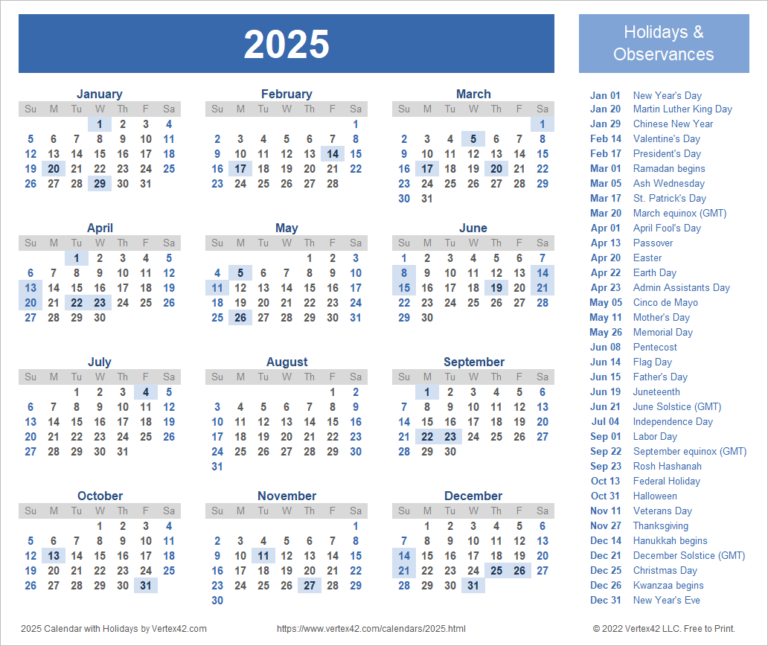 2025 Calendar With Holidays Printable Pdf: A Comprehensive Guide