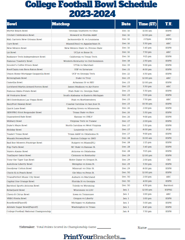 College Bowl Schedule Printable: Your Guide to the Postseason